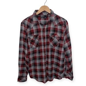 EUC AKRUX RED AND BLACK BUTTON DOWN FLANNEL CUSTOM MADE “REJECT”